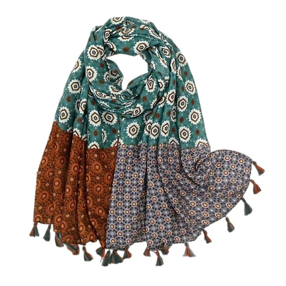 Geometric Print Silky  Lotus Tassel Shawl Thin Breathable Yarn Scarf/Shawl - Picture 3 of 3
